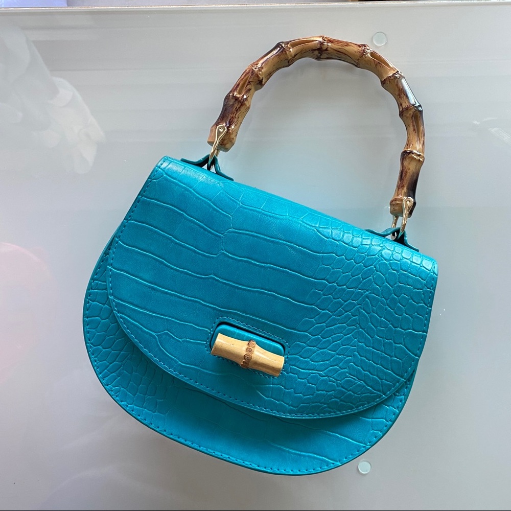 Blue-Green Bamboo + Croc Faux Leather Bag